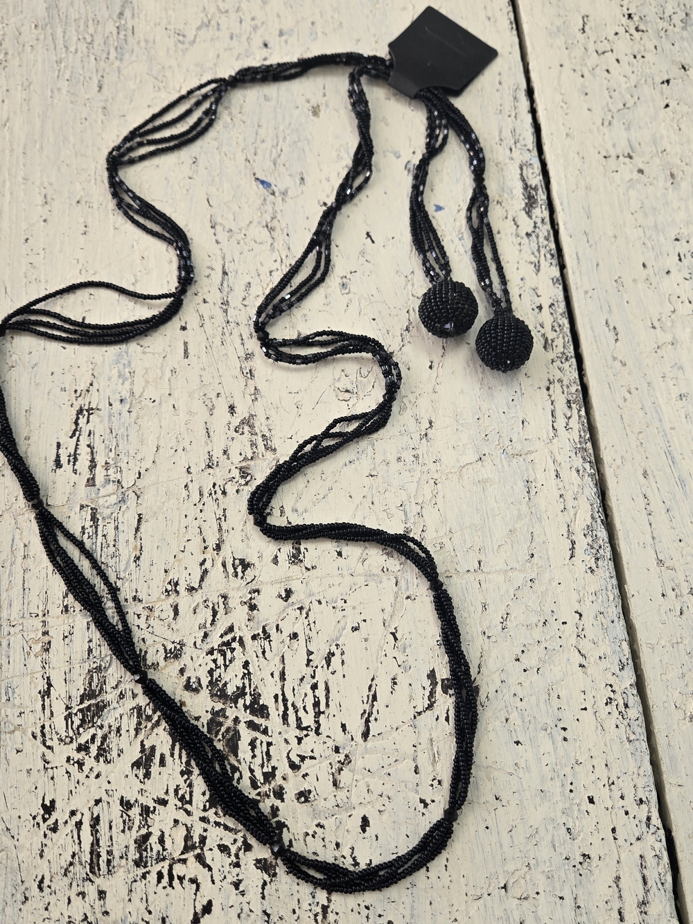 Black Multi Strand Seed Bead Lariat Necklace Beaded Ball Tassels 34"